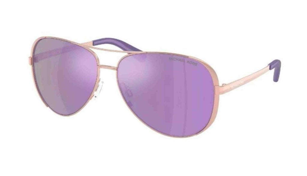 Michael Kors MK5004 CHELSEA sunglasses for women in style 10034V, featuring Rose Gold metal frames and Purple Mirror polycarbonate lenses