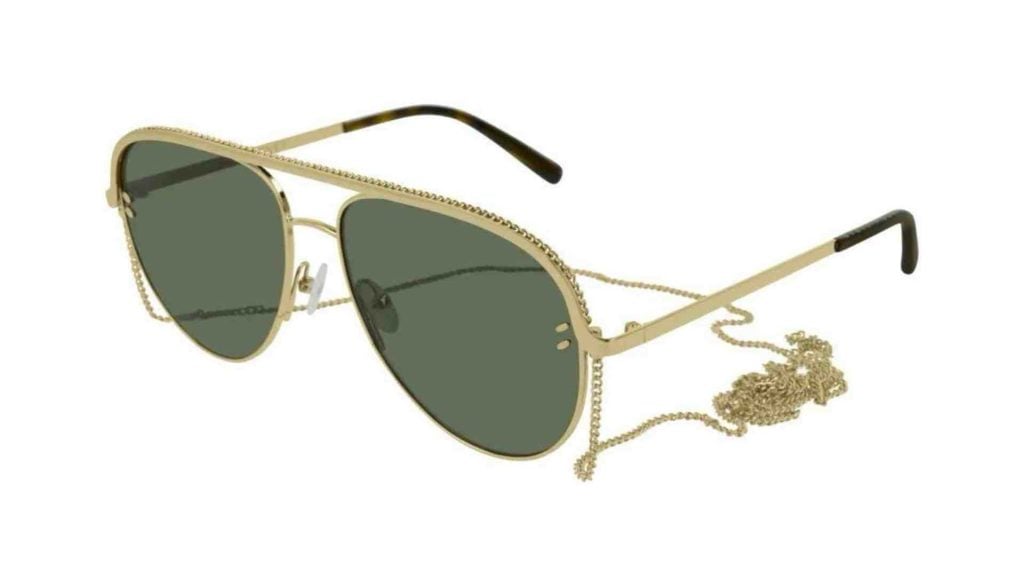 Stella McCartney SC0165S Aviator Sunglasses in Gold (001) with green lenses and a delicate gold chain