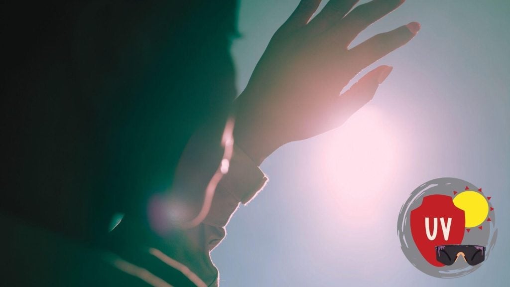 A photo of a woman shielding her eyes from the sun with her hand and a graphical suggestion to use Pit Viper sunglasses for UV protection