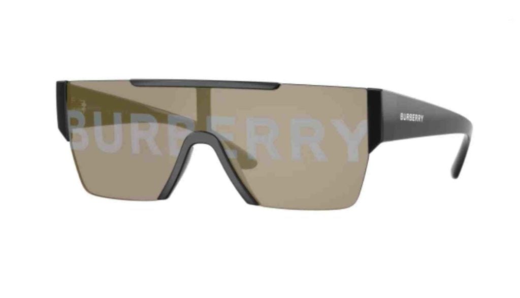 Oversized Burberry BE4291 men's sunglasses in Black/Grey Tampo Burberry Silver with the text logo printed across the lenses