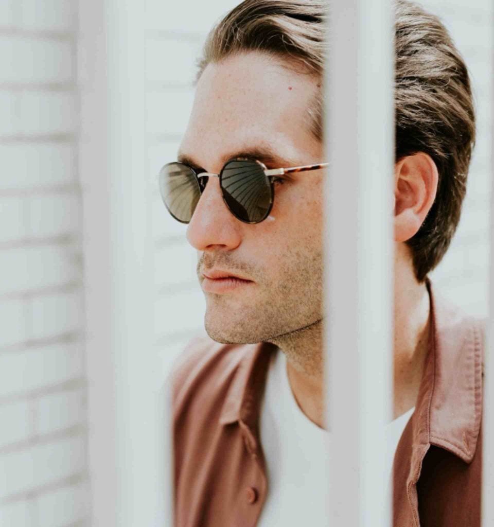 A man wearing an unbuttoned brown shirt, white tee, and tortoiseshell metal-framed round sunglasses