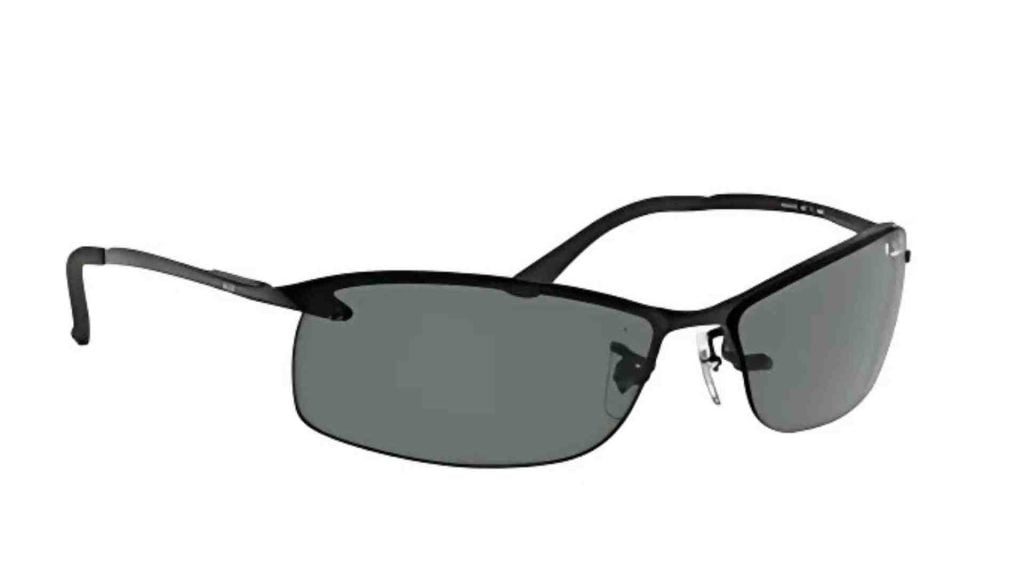 Ray-Ban RB3183 men's sunglasses in style 002/81, which features black frames with dark grey lenses