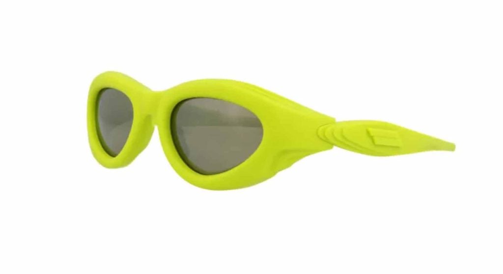 Bright lime-green cat-eye Bottega Veneta BV1162S sunglasses with interesting side details