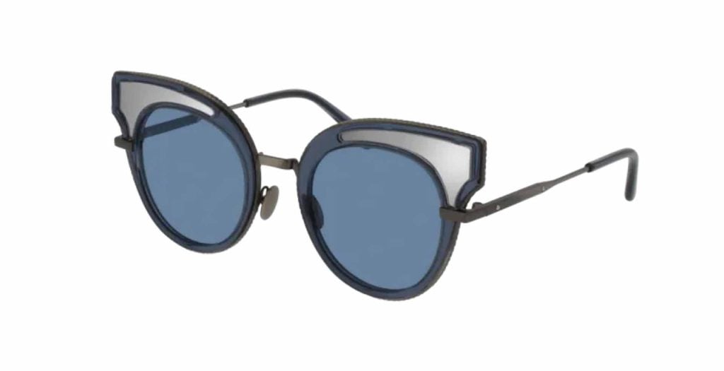 Round Bottega Veneta BV0094S sunglasses with Blue/Silver frames, blue lenses, and added cat-eye-inspired detailing above the lenses