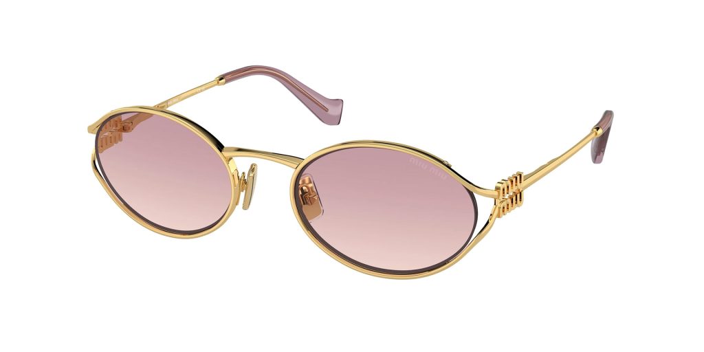 Women’s Miu Miu MU 52YS sunglasses featuring gold frames and violet gradient lenses
