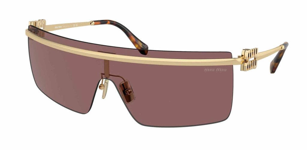 Futuristic Miu Miu MU 50ZS sunglasses featuring gold frames and brown lenses