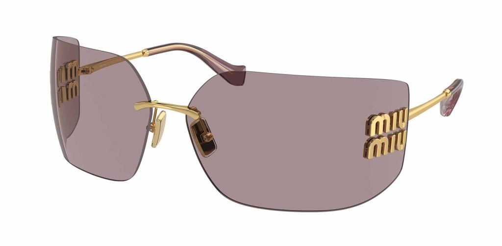 Modern Miu Miu MU 54YS sunglasses with gold logo and light purple lenses