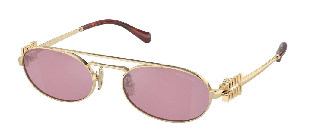 Oval Miu Miu MU 54ZS sunglasses featuring pale gold frames and dark pink lenses